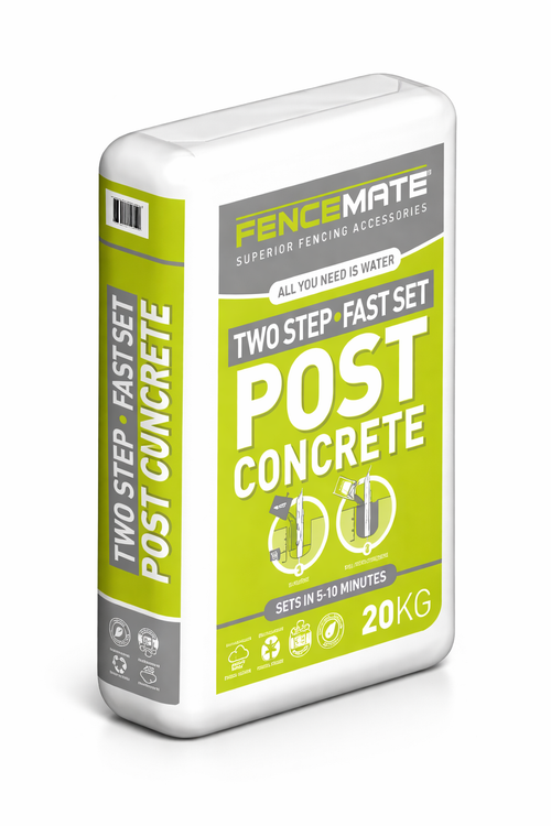 FenceMate two-step fast set post concrete packaging on a white background