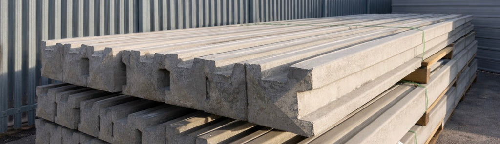 Stack of concrete corner posts, bags of postmix and concrete gravel boards professionally delivered by Romford Fencing Ltd
