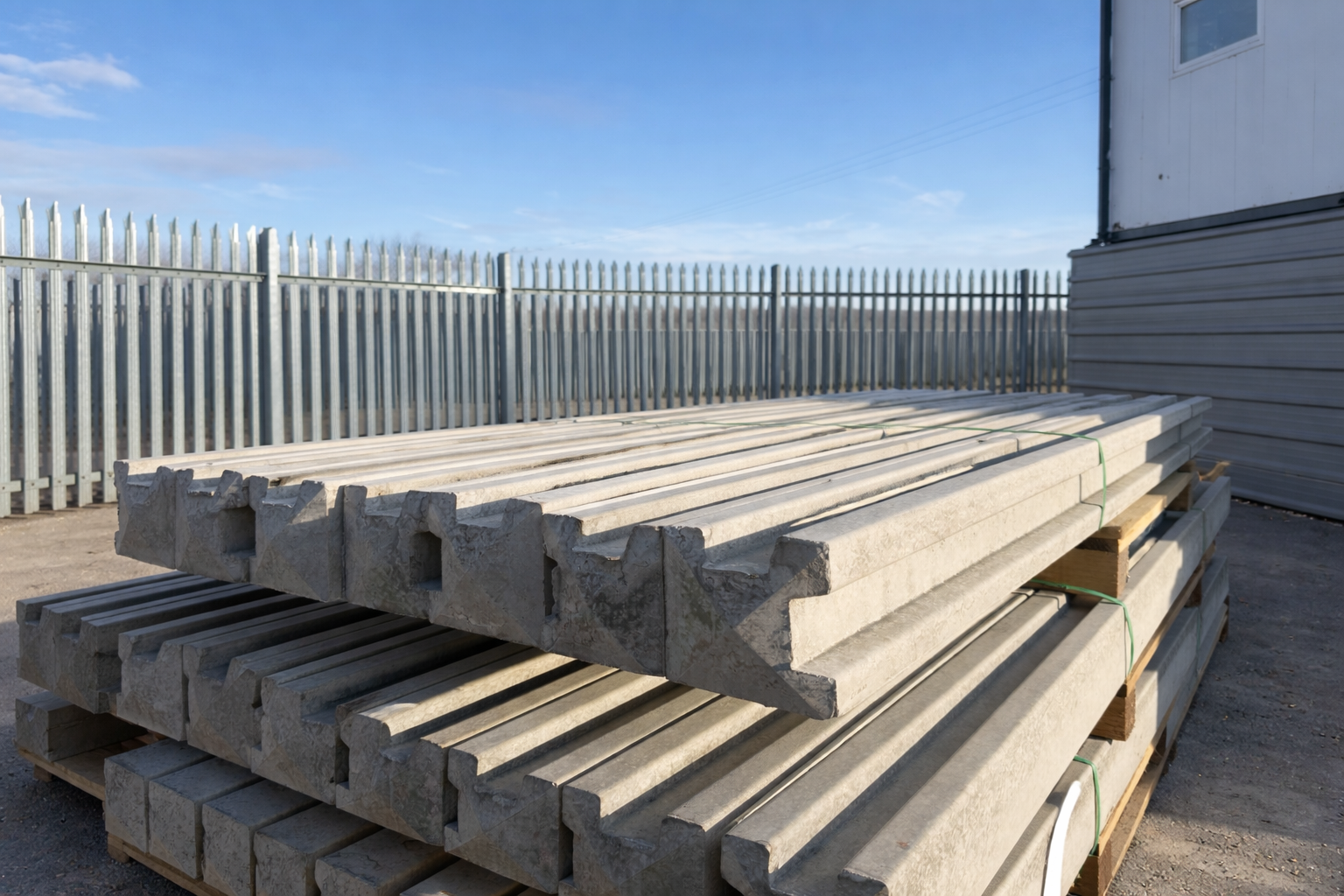 Huge stock of concrete double slotted corner posts ready for delivery by Romford Fencing Ltd